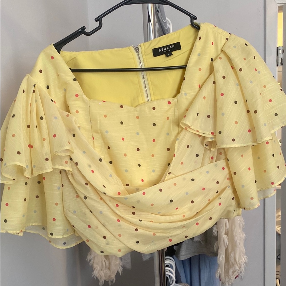 Beulah Yellow Ruffled Blouse with Polka Dots